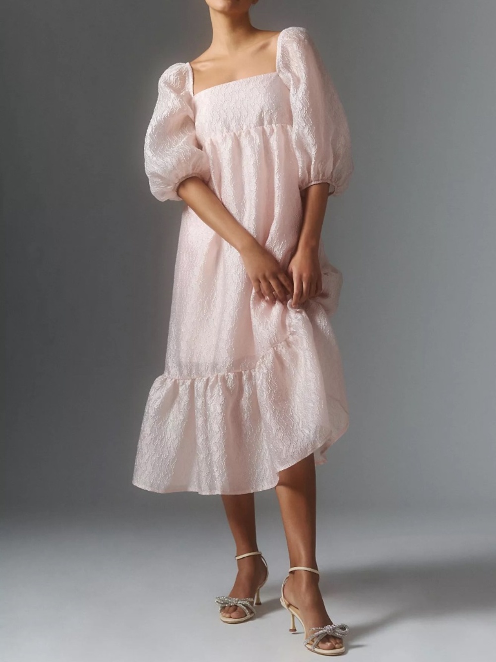 NWT Anthropologie Blush Pink Textured Puff-Sleeve Midi Dress Size S